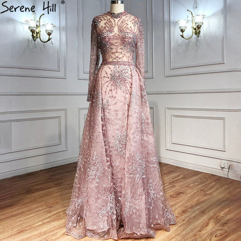 Pink Mermaid Crystal Long Sleeves Evening Dresses 2025 Dubai High Neck Sparkle Formal Dress LA70582