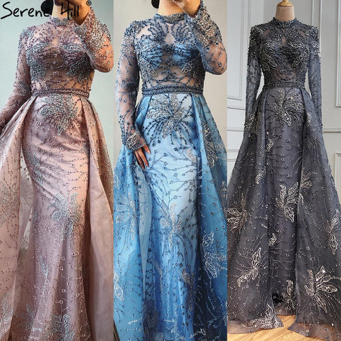 Pink Mermaid Crystal Long Sleeves Evening Dresses 2025 Dubai High Neck Sparkle Formal Dress LA70582