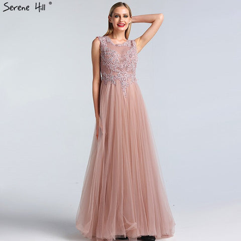 Pink O-Neck Pearls Crystal Sexy Evening Dresses A-Line Sleeveless Tulle Formal Dress 2025 LA60981