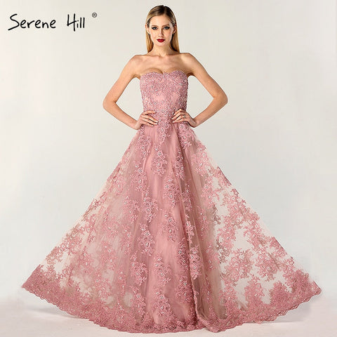 On Sale no return no refundSale Pink Off Shoulder Sexy A-Line Evening Dresses 2025 Handmade Flowers Crystal Sleeveless Formal Dress Real Photo LA6614