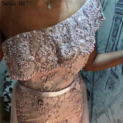 Pink One Shoulder Mermaid Sexy Evening Dresses 2025 Lace Pearls Sequins Elegant Formal Dress LA70386
