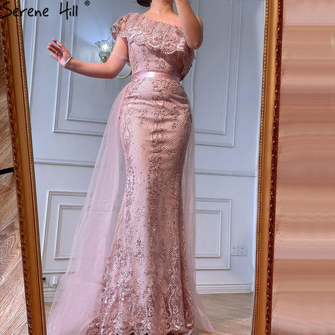 Pink One Shoulder Mermaid Sexy Evening Dresses 2025 Lace Pearls Sequins Elegant Formal Dress LA70386