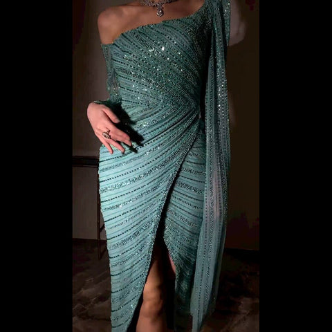 Pink One Shoulder Mermaid Split Open Evening Dresses Beaded Sexy Party Gowns 2025 For Women Night LA72115