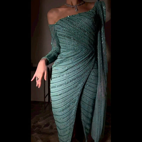 Pink One Shoulder Mermaid Split Open Evening Dresses Beaded Sexy Party Gowns 2025 For Women Night LA72115