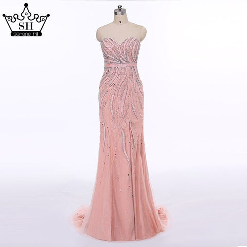 On Sale no return no refundSale Pink Strapless Fashion Mermaid Sexy Evening Dress Long Fulle Beading Elegant Tulle Evening Dress 2025 LA6389