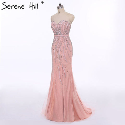 On Sale no return no refundSale Pink Strapless Fashion Mermaid Sexy Evening Dress Long Fulle Beading Elegant Tulle Evening Dress 2025 LA6389