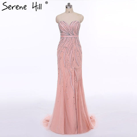 On Sale no return no refundSale Pink Strapless Fashion Mermaid Sexy Evening Dress Long Fulle Beading Elegant Tulle Evening Dress 2025 LA6389