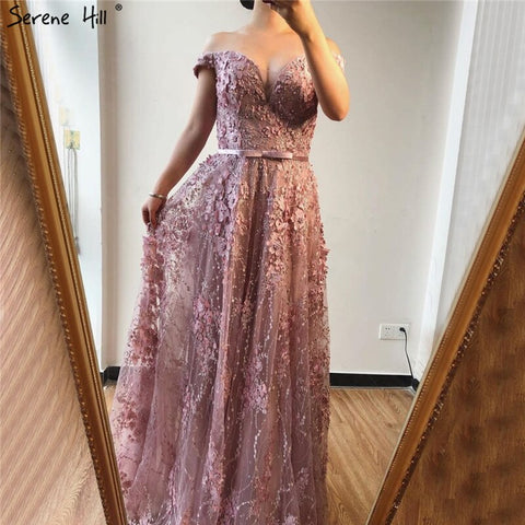 On Sale no return no refund Sale Pink Sweetheart Sexy A-Line Evening Dresses 2025 Lace Flower Pearl Off Shoulder Evening Gowns LA70180