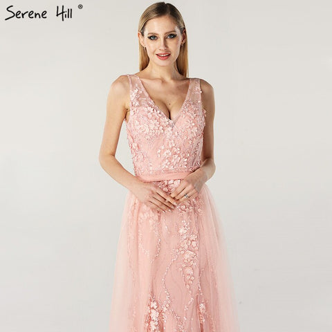 On Sale No Return No Refund Pink V-Neck Sexy Mermaid Dubai Evening Dresses 2025 Sleeveless Handmade Flowers Pearls Evening Gowns LA60737
