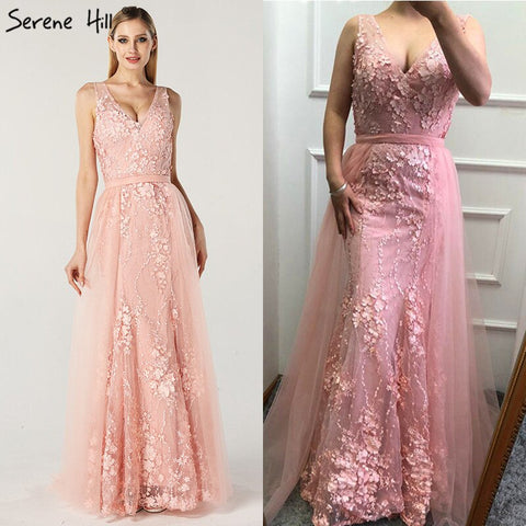 On Sale No Return No Refund Pink V-Neck Sexy Mermaid Dubai Evening Dresses 2025 Sleeveless Handmade Flowers Pearls Evening Gowns LA60737