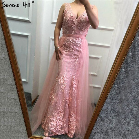 On Sale No Return No Refund Pink V-Neck Sexy Mermaid Dubai Evening Dresses 2025 Sleeveless Handmade Flowers Pearls Evening Gowns LA60737