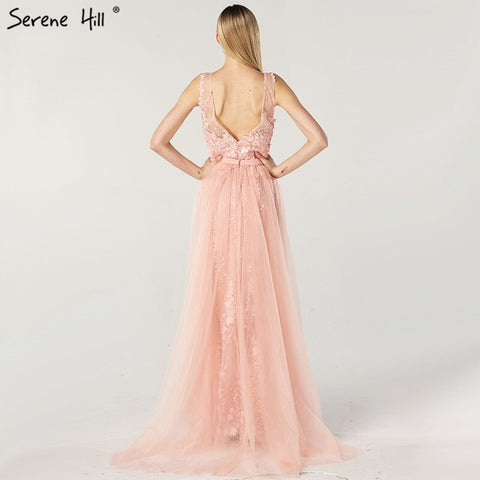 On Sale No Return No Refund Pink V-Neck Sexy Mermaid Dubai Evening Dresses 2025 Sleeveless Handmade Flowers Pearls Evening Gowns LA60737
