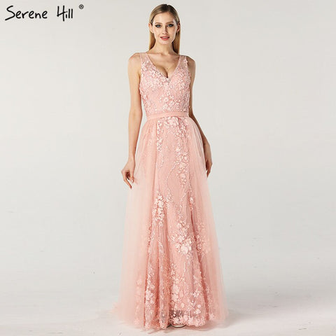 On Sale No Return No Refund Pink V-Neck Sexy Mermaid Dubai Evening Dresses 2025 Sleeveless Handmade Flowers Pearls Evening Gowns LA60737