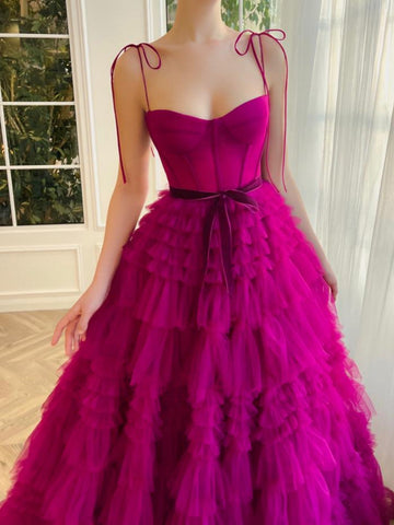 A Line Strapless Fuchsia Tiered Long Tulle Prom Dress