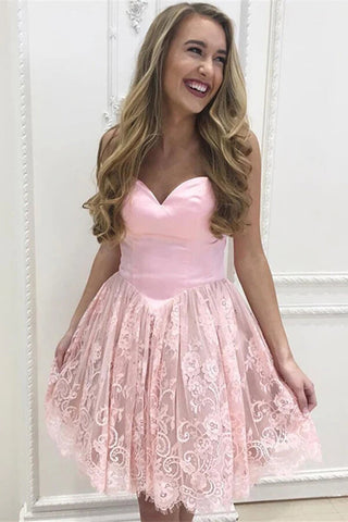 Vestidos de fiesta rosas de corte A, escote corazón, sin tirantes y con apliques de encaje