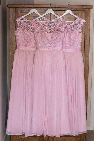 Chiffon Lace Top A-line Scoop Neck Long Bridesmaid Dresses