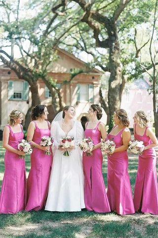 Pink Mermaid Spaghetti Strap Square Neck Bridesmaid Dresses With Bow