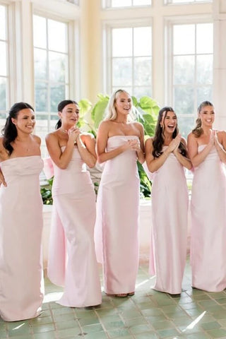 Pink Satin Strapless Floor Length Bridesmaid Dresses With Bow