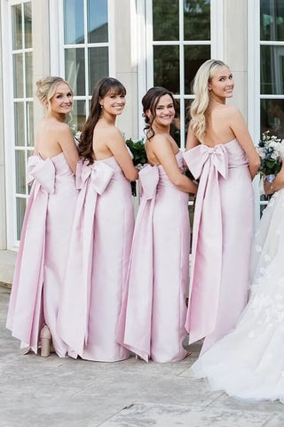 Pink Satin Strapless Floor Length Bridesmaid Dresses With Bow