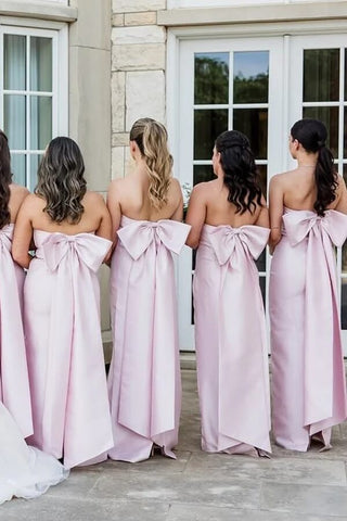 Pink Satin Strapless Floor Length Bridesmaid Dresses With Bow