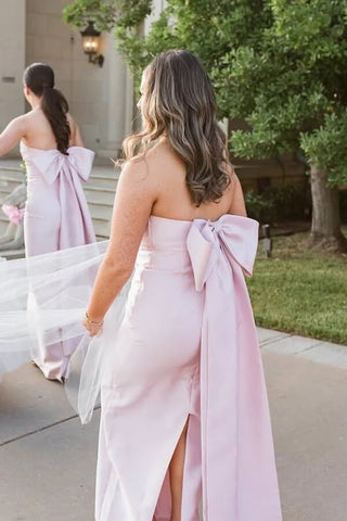 Pink Satin Strapless Floor Length Bridesmaid Dresses With Bow