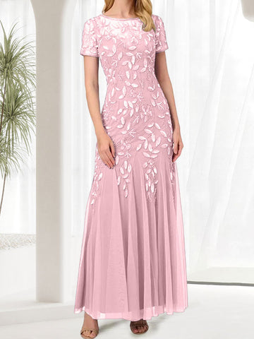 Vestido largo azul de sirena con cuello redondo para la madre de la novia con pedrería