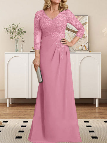 Sheath/Column V-Neck Illusion Floor-Length Lace Chiffon Mother of the Bride Dress With Pleated Sequins
