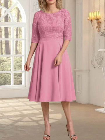 A-line Scoop Knee-Length Lace Chiffon Mother of the Bride Dress
