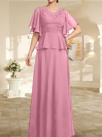 A-line V-Neck Floor-Length Chiffon Mother of the Bride Dress With Pleated Beading