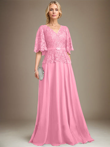 A-line V-Neck Floor-Length Chiffon Lace Mother of the Bride Dress With Crystal Brooch Rhinestone