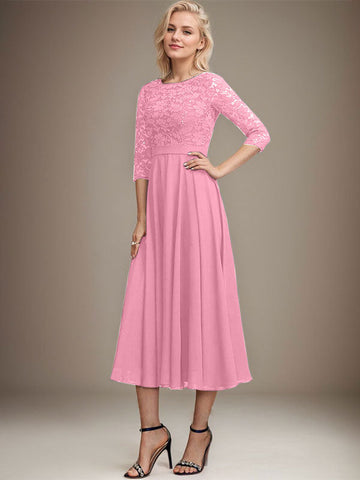 A-line Scoop Tea-Length Lace Chiffon Mother of the Bride Dress With Sequins
