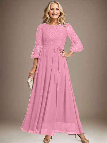 A-line Scoop Ankle-Length Lace Chiffon Mother of the Bride Dress With Bow