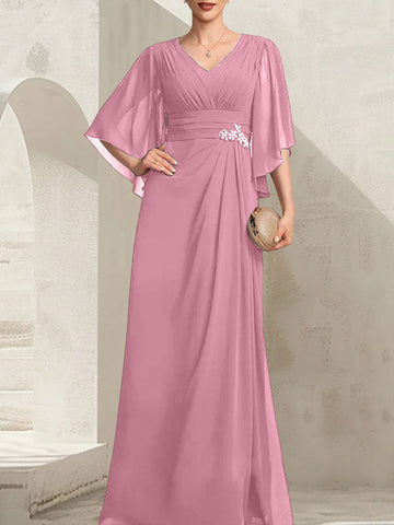 Sheath/Column V-Neck Floor-Length Chiffon Mother of the Bride Dress With Pleated Sequins Beading
