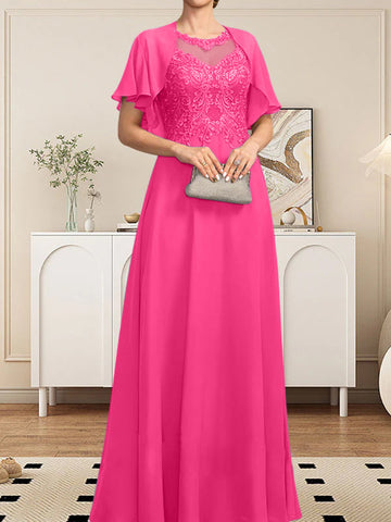 A-line Scoop Illusion Floor-Length Lace Chiffon Mother of the Bride Dress With Sequins