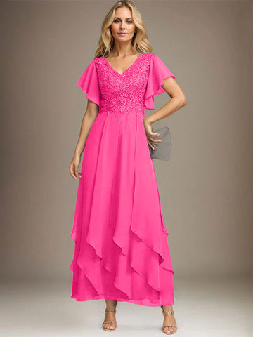 A-line V-Neck Ankle-Length Lace Chiffon Mother of the Bride Dress With Cascading Ruffles