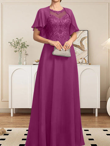 A-line Scoop Illusion Floor-Length Lace Chiffon Mother of the Bride Dress With Sequins