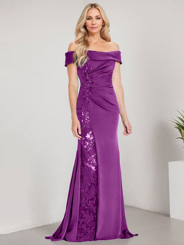 A-Line Off the Shoulder Floor-Length Mother of the Bride Dress Applique Beadings Mermaid Dress With  High Split