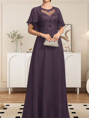 A-line Scoop Illusion Floor-Length Lace Chiffon Mother of the Bride Dress With Sequins