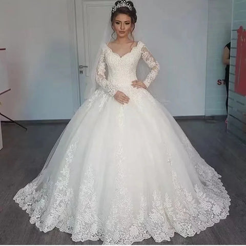 Plus Size Ball Gown Long Sleeve Vintage Wedding Dress 2021 Elegant Lace Appliques vestido De Noiva Custom Made Bride Bridal