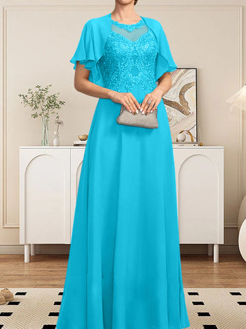 A-line Scoop Illusion Floor-Length Lace Chiffon Mother of the Bride Dress With Sequins