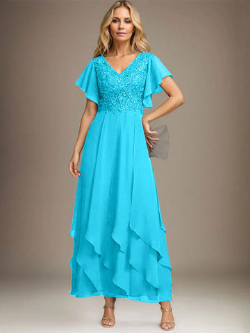 A-line V-Neck Ankle-Length Lace Chiffon Mother of the Bride Dress With Cascading Ruffles