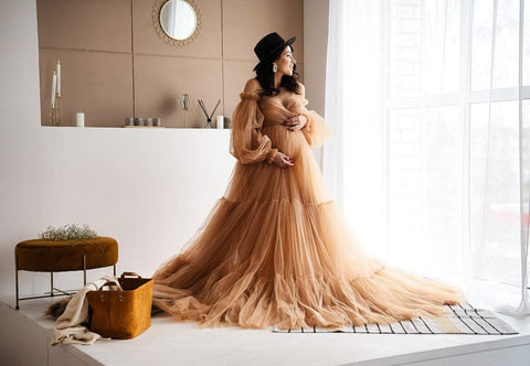 Beige Tulle Dress Maternity Sheer Gown