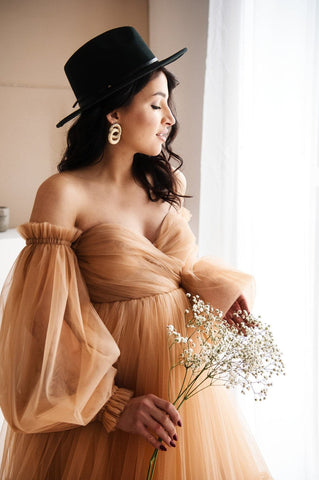 Beige Tulle Dress Maternity Sheer Gown