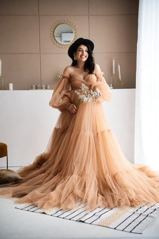 Beige Tulle Dress Maternity Sheer Gown