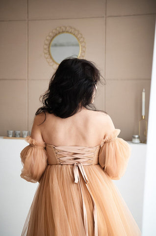 Beige Tulle Dress Maternity Sheer Gown