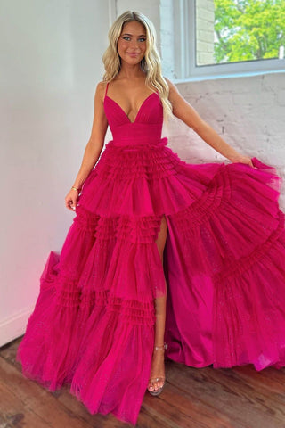 A-Line Spaghetti Straps Long Tiered Tulle Prom Dress With Split