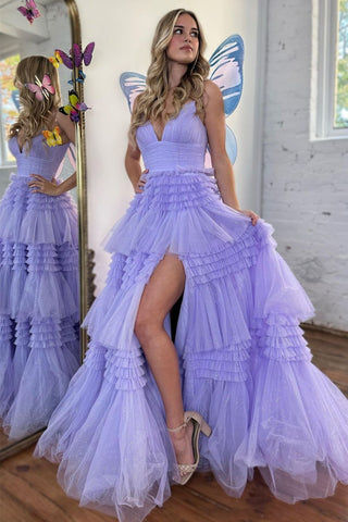 Amanda| A-Line Spaghetti Straps Long Tiered Tulle Prom Dress With Split
