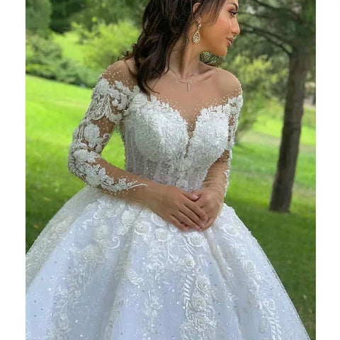 Princess Ball Gown Wedding Dresses 2023 O Neck Long Sleeves Vestido Casamento Lace Up Appliqus Beaded Bride Gowns Suknie Slubne