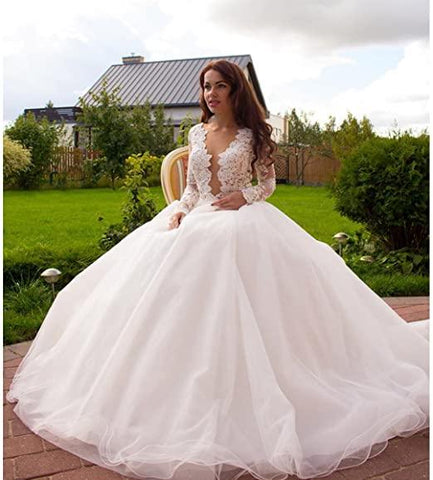 Princess A-Line V-Neck Tulle Ivory Long Sleeves Wedding Dresses  WD181