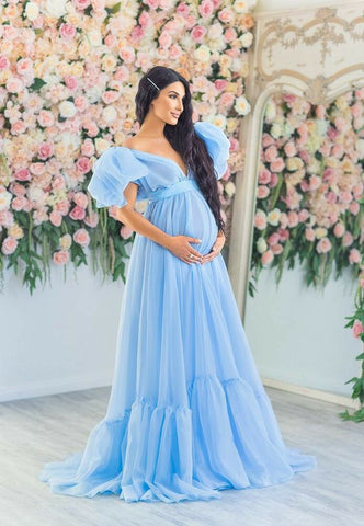 Blue Puffy Tulle Maternity Dresses for Photoshoot